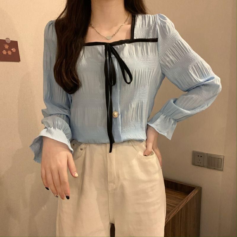 Square Collar Shirt Women's Fashionable Belly-Covering Elegant Western Style Slimming Bow Long-Sleeved Red All-Match Chiffon Shirt Top