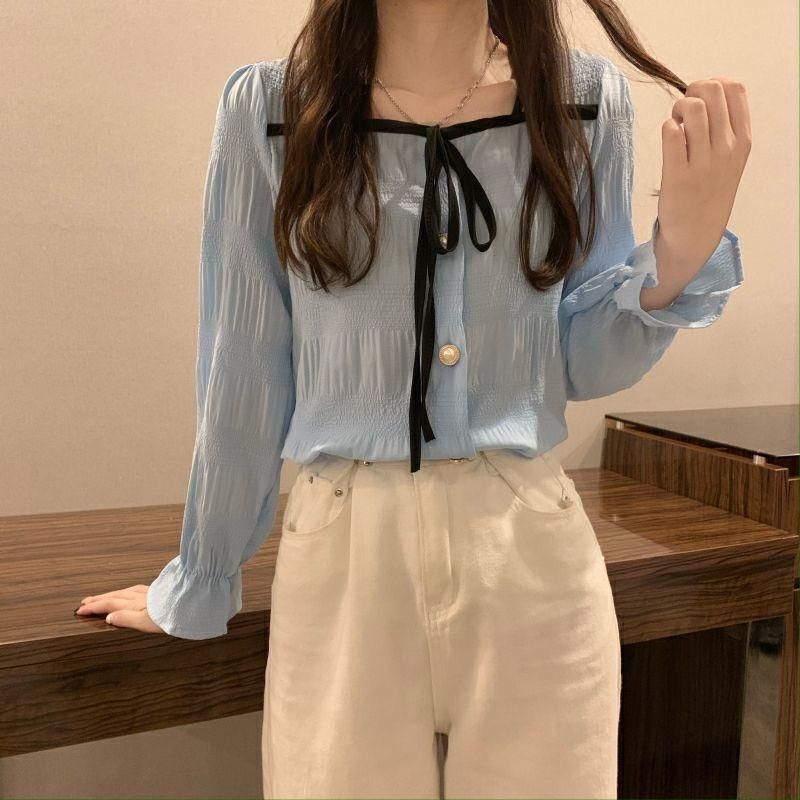 Square Collar Shirt Women's Fashionable Belly-Covering Elegant Western Style Slimming Bow Long-Sleeved Red All-Match Chiffon Shirt Top