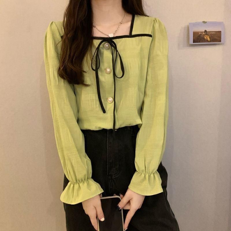 Square Collar Shirt Women's Fashionable Belly-Covering Elegant Western Style Slimming Bow Long-Sleeved Red All-Match Chiffon Shirt Top