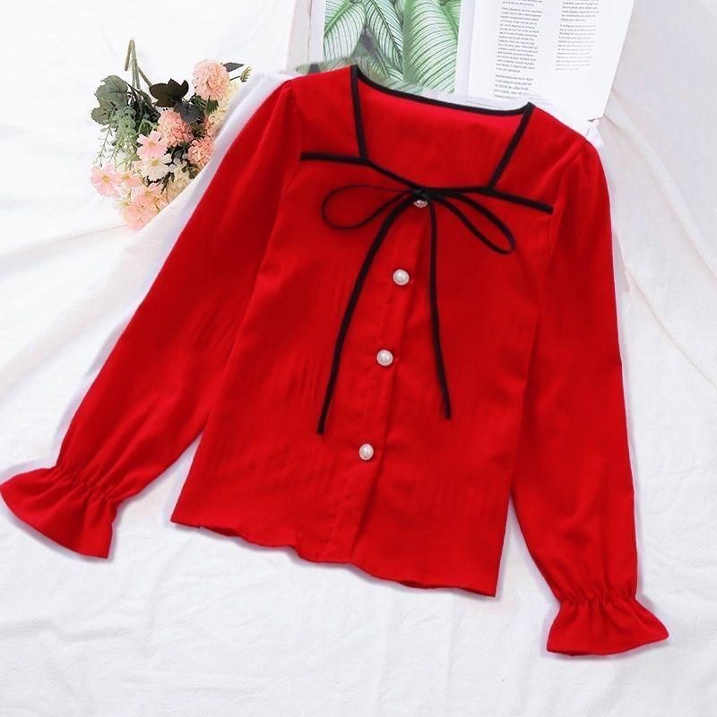 Square Collar Shirt Women's Fashionable Belly-Covering Elegant Western Style Slimming Bow Long-Sleeved Red All-Match Chiffon Shirt Top