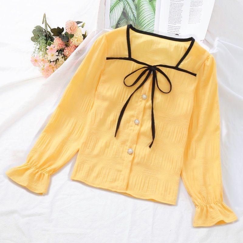Square Collar Shirt Women's Fashionable Belly-Covering Elegant Western Style Slimming Bow Long-Sleeved Red All-Match Chiffon Shirt Top