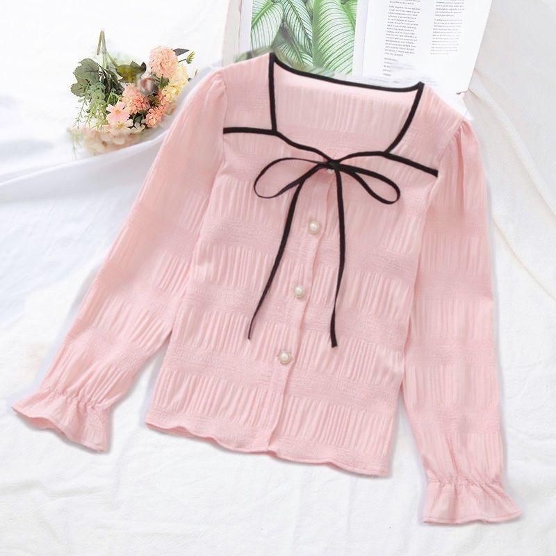 Square Collar Shirt Women's Fashionable Belly-Covering Elegant Western Style Slimming Bow Long-Sleeved Red All-Match Chiffon Shirt Top