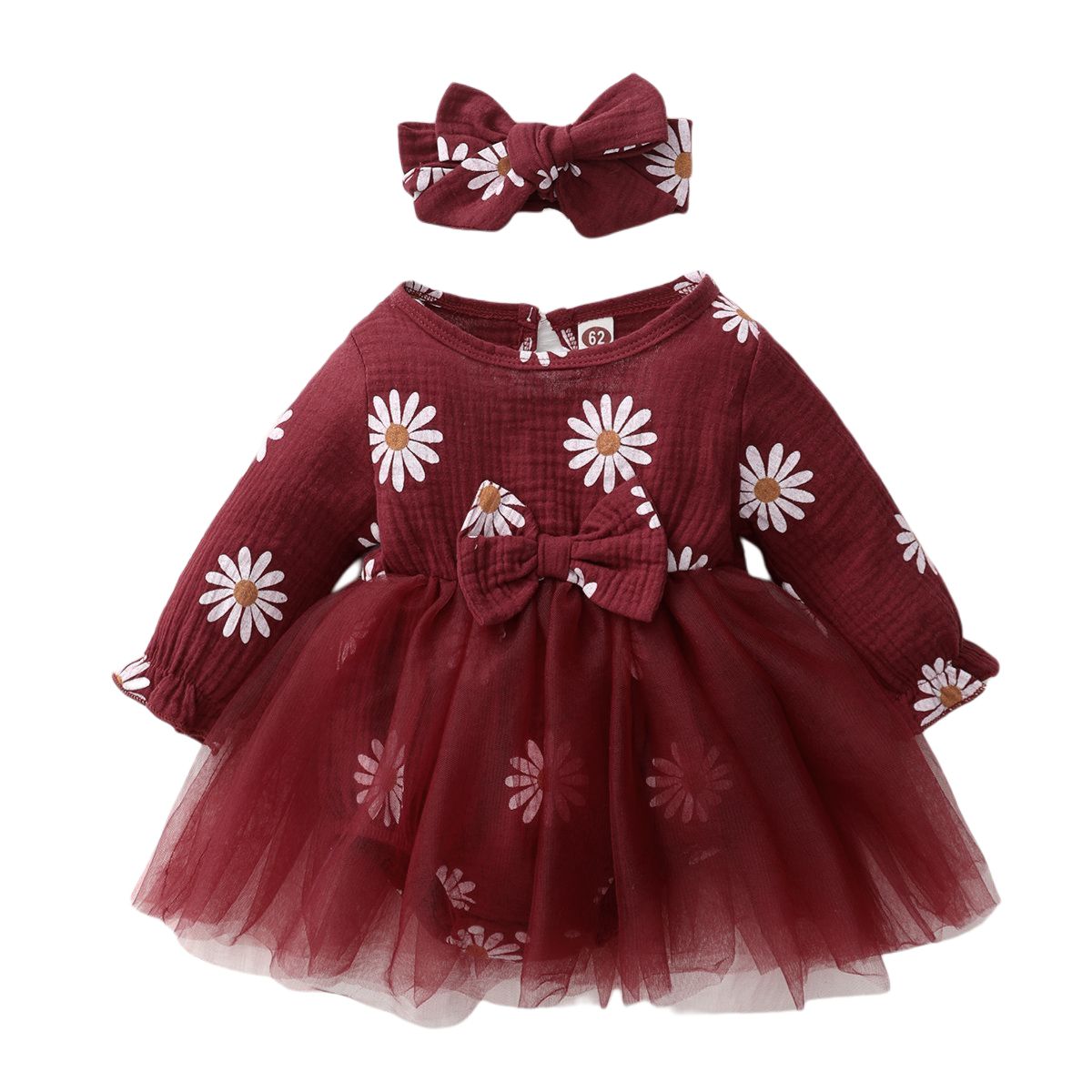 Newborn Baby Girls Daisy Floral Long Sleeves Tulle Princess Dress -Red
