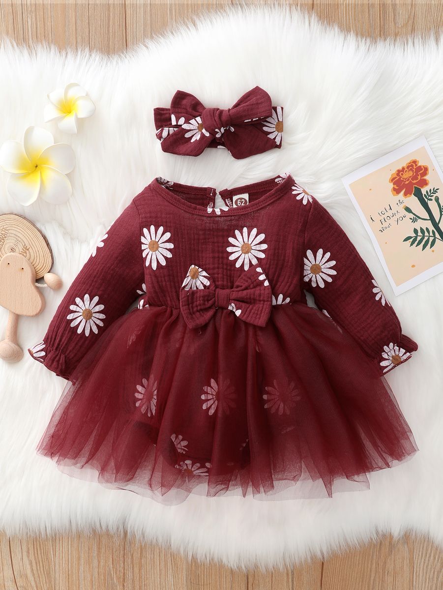 Newborn Baby Girls Daisy Floral Long Sleeves Tulle Princess Dress -Red