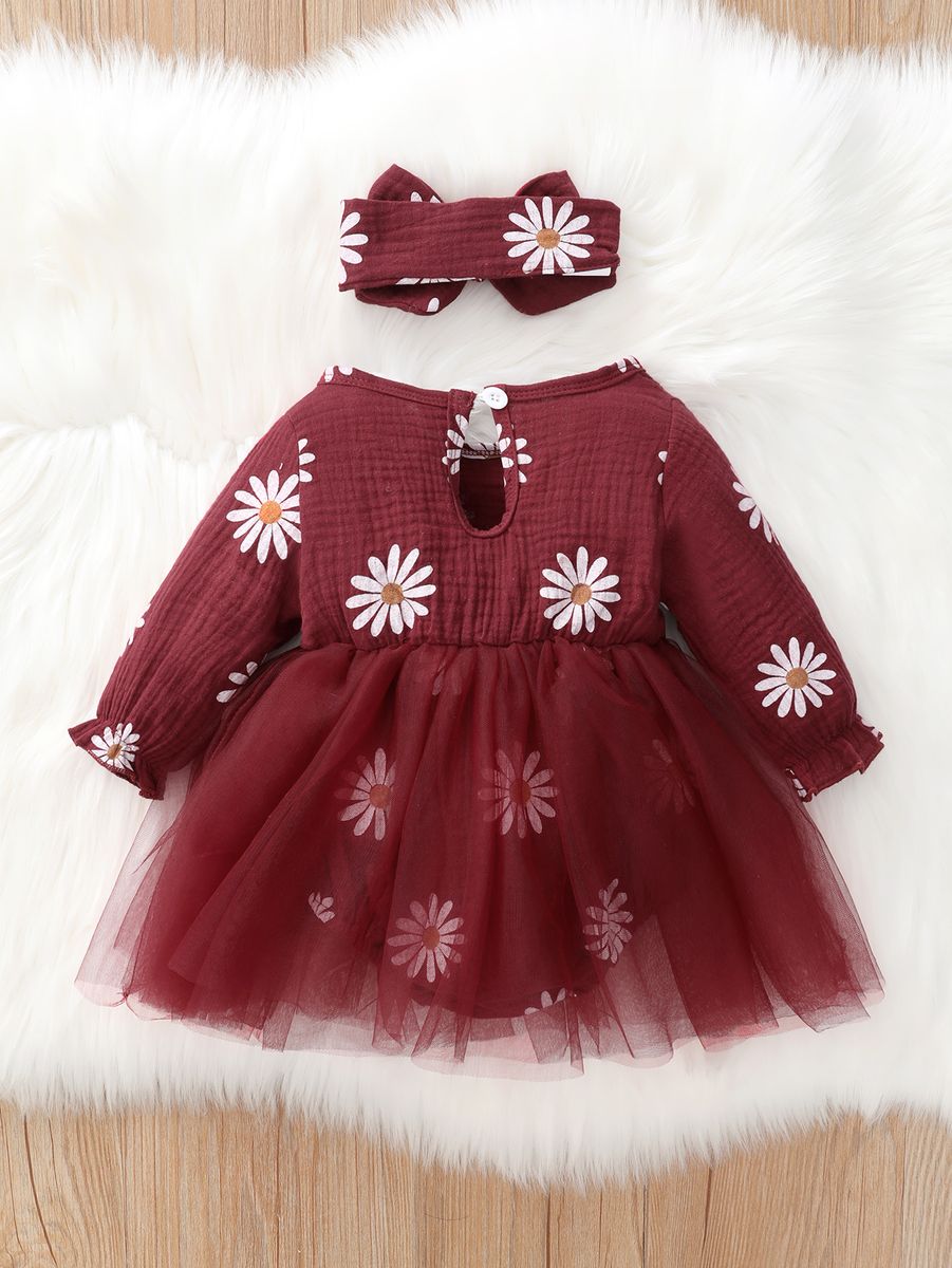 Newborn Baby Girls Daisy Floral Long Sleeves Tulle Princess Dress -Red