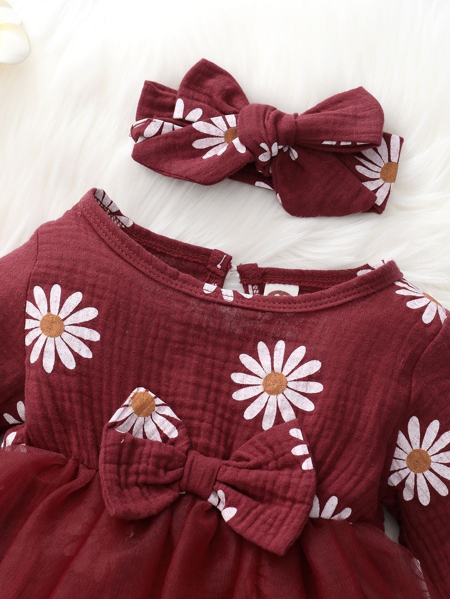 Newborn Baby Girls Daisy Floral Long Sleeves Tulle Princess Dress -Red