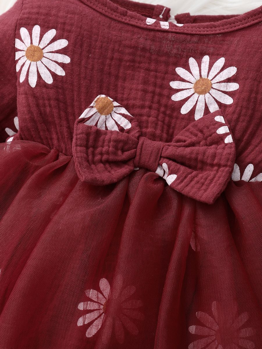 Newborn Baby Girls Daisy Floral Long Sleeves Tulle Princess Dress -Red