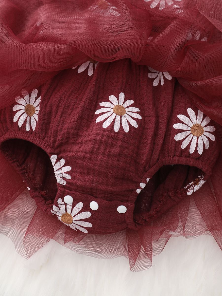 Newborn Baby Girls Daisy Floral Long Sleeves Tulle Princess Dress -Red