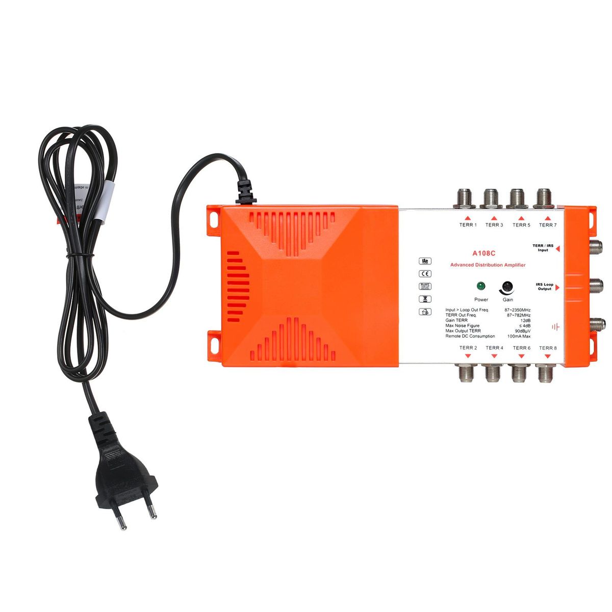 Professional 8 Way Distribution Amplifier with IRS Loop-through Terrestrial TV and Radio Distribution Amplifier 87-2350MHz TV Antenna Signal Booster Low Noise High Gain for Indoor Use