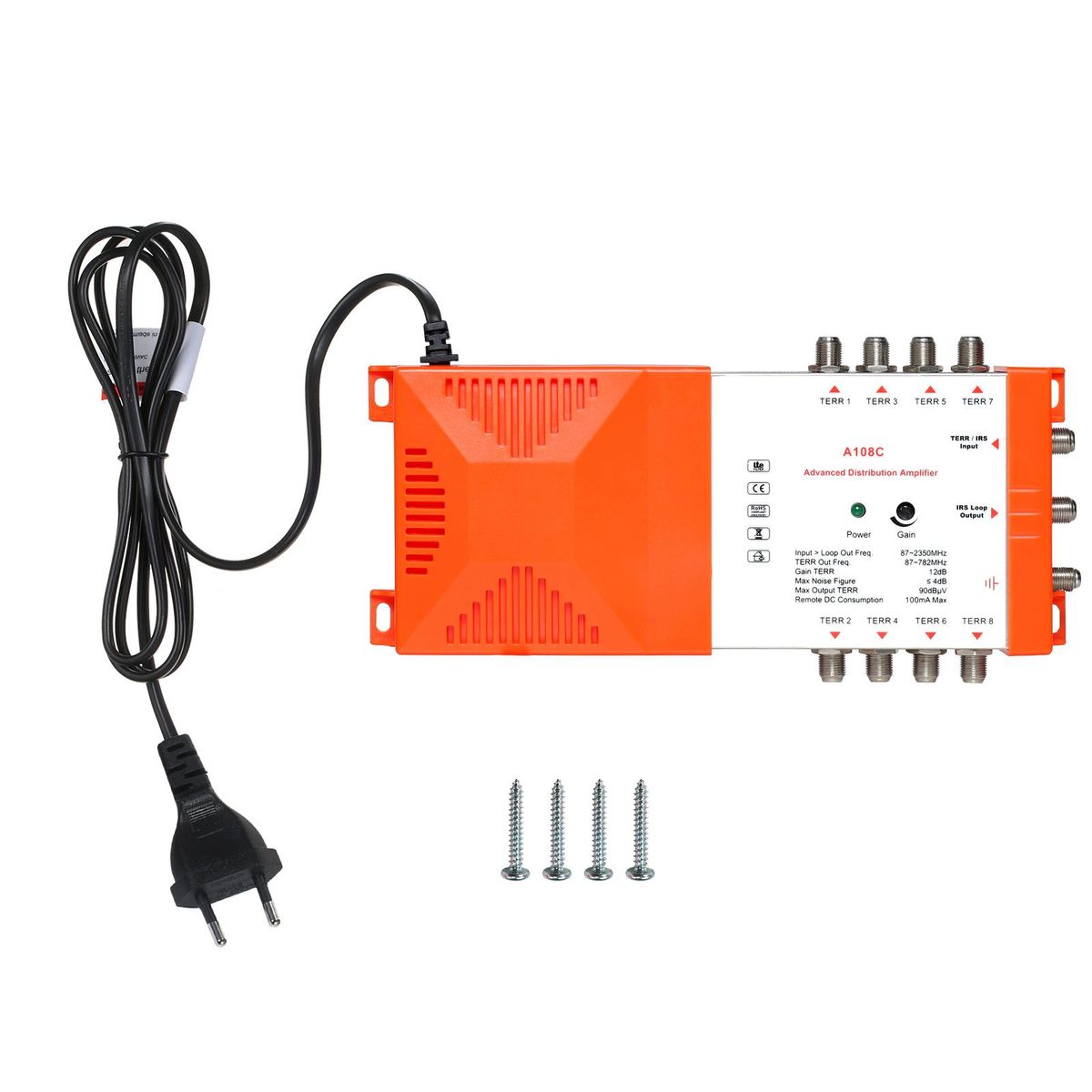 Professional 8 Way Distribution Amplifier with IRS Loop-through Terrestrial TV and Radio Distribution Amplifier 87-2350MHz TV Antenna Signal Booster Low Noise High Gain for Indoor Use