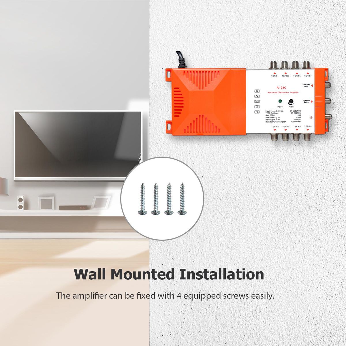 Professional 8 Way Distribution Amplifier with IRS Loop-through Terrestrial TV and Radio Distribution Amplifier 87-2350MHz TV Antenna Signal Booster Low Noise High Gain for Indoor Use