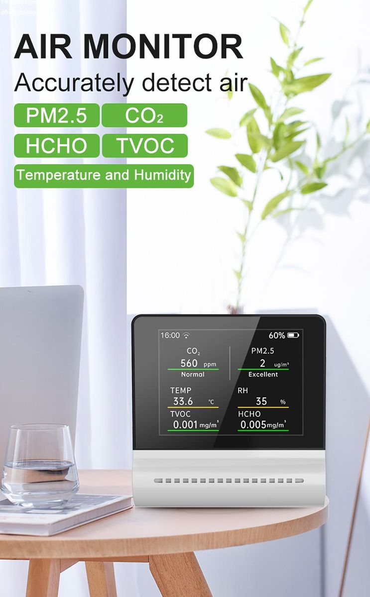 NOYAFA JSM16 5-in-1 Household Air Quality Monitor PM2.5/CO2/HCHO/TVOC Detector Temperature Humidity Tester Rechargeable Desktop Thermometer Hygrometer Formaldehyde Analyzer Real-time Monitoring