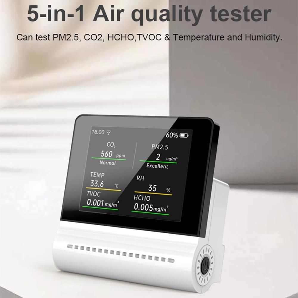 NOYAFA JSM16 5-in-1 Household Air Quality Monitor PM2.5/CO2/HCHO/TVOC Detector Temperature Humidity Tester Rechargeable Desktop Thermometer Hygrometer Formaldehyde Analyzer Real-time Monitoring