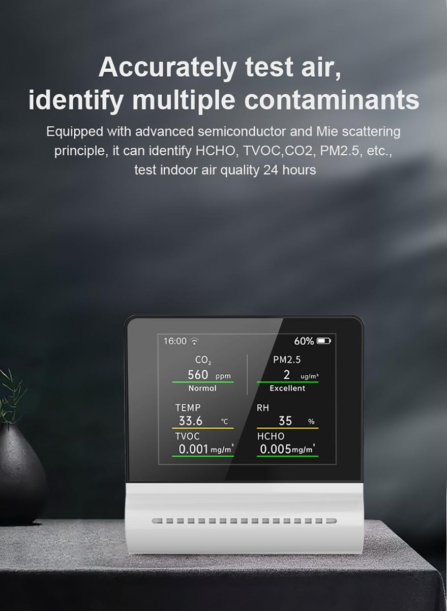 NOYAFA JSM16 5-in-1 Household Air Quality Monitor PM2.5/CO2/HCHO/TVOC Detector Temperature Humidity Tester Rechargeable Desktop Thermometer Hygrometer Formaldehyde Analyzer Real-time Monitoring
