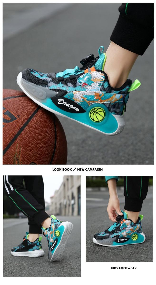 Boys Basketball Shoes Mesh Swivel Button Basketball Shoes Green