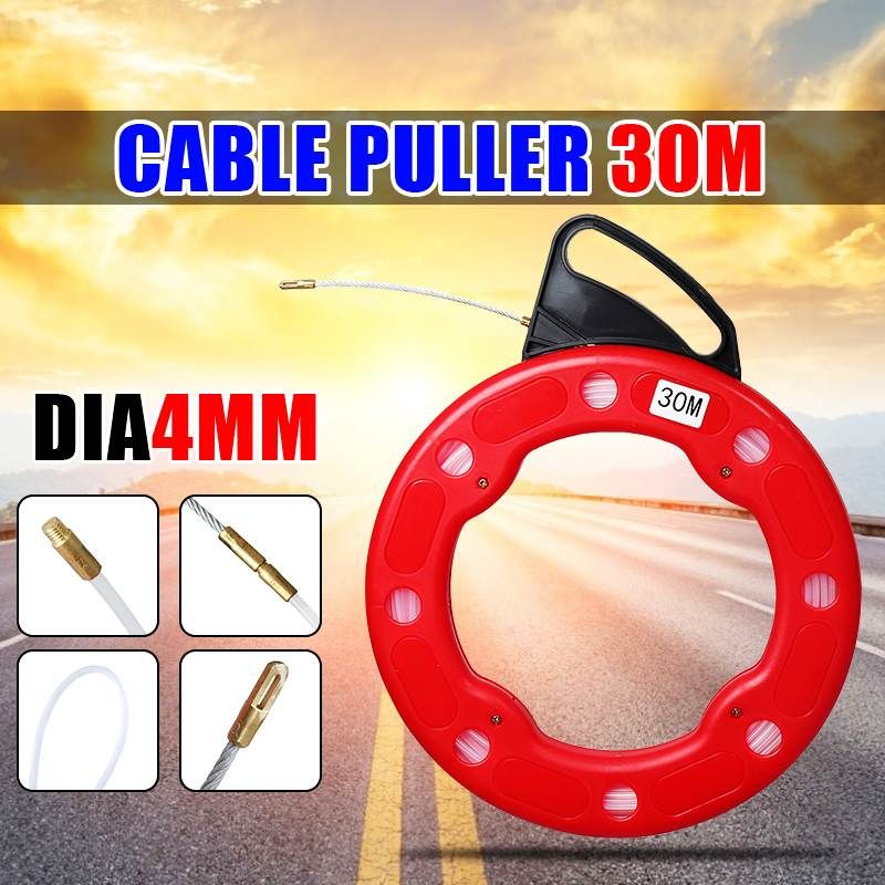 30M 4mm Fiberglass Fish Tape Reel Puller Glass Fiber Nylon Conduit Ducting Rodder Pulling Wire Cable Fishing Tool Red