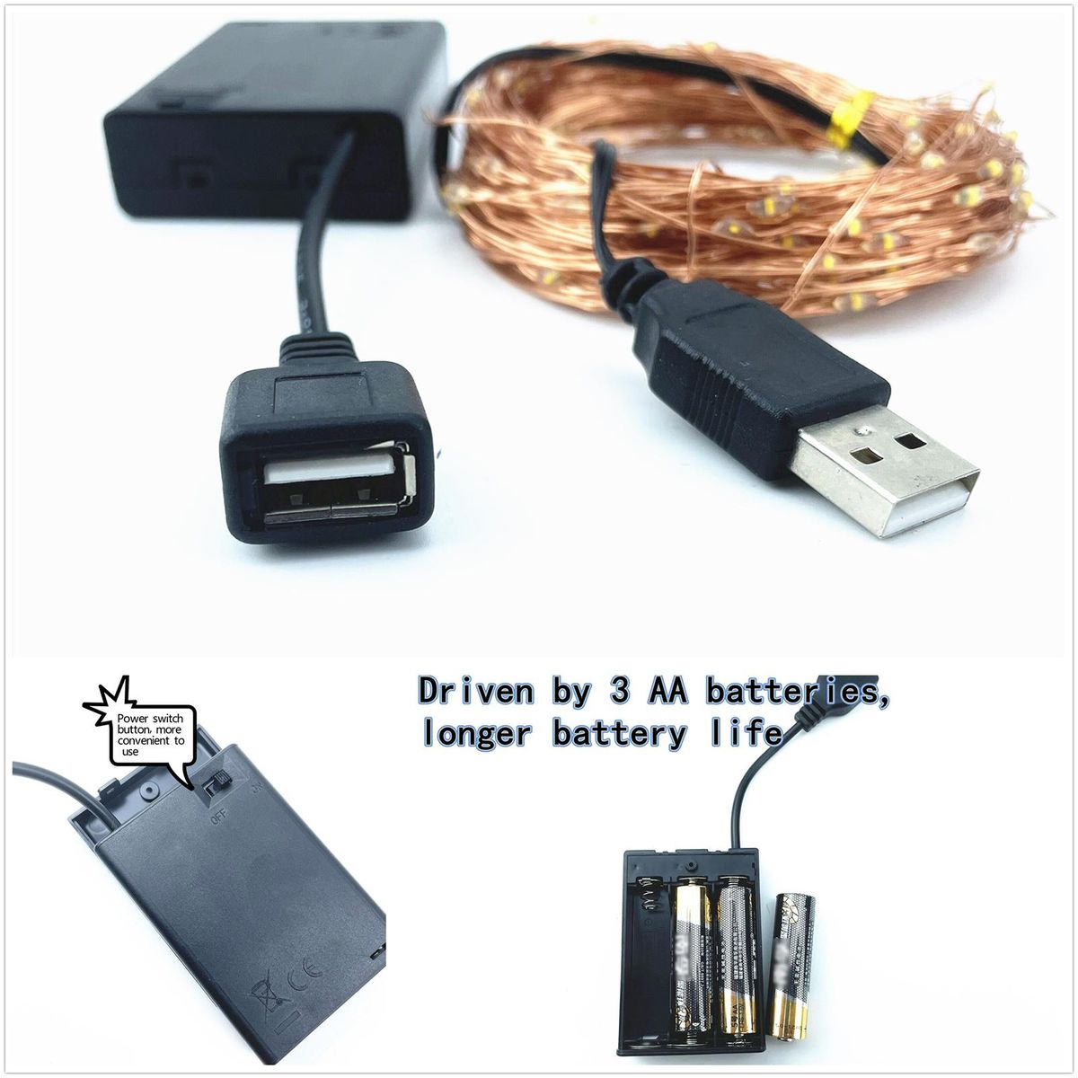 20m Warm White USB String Light with Battery Box Constant Bright 200 Lamp Beads Copper Wire Romantic Decoration
