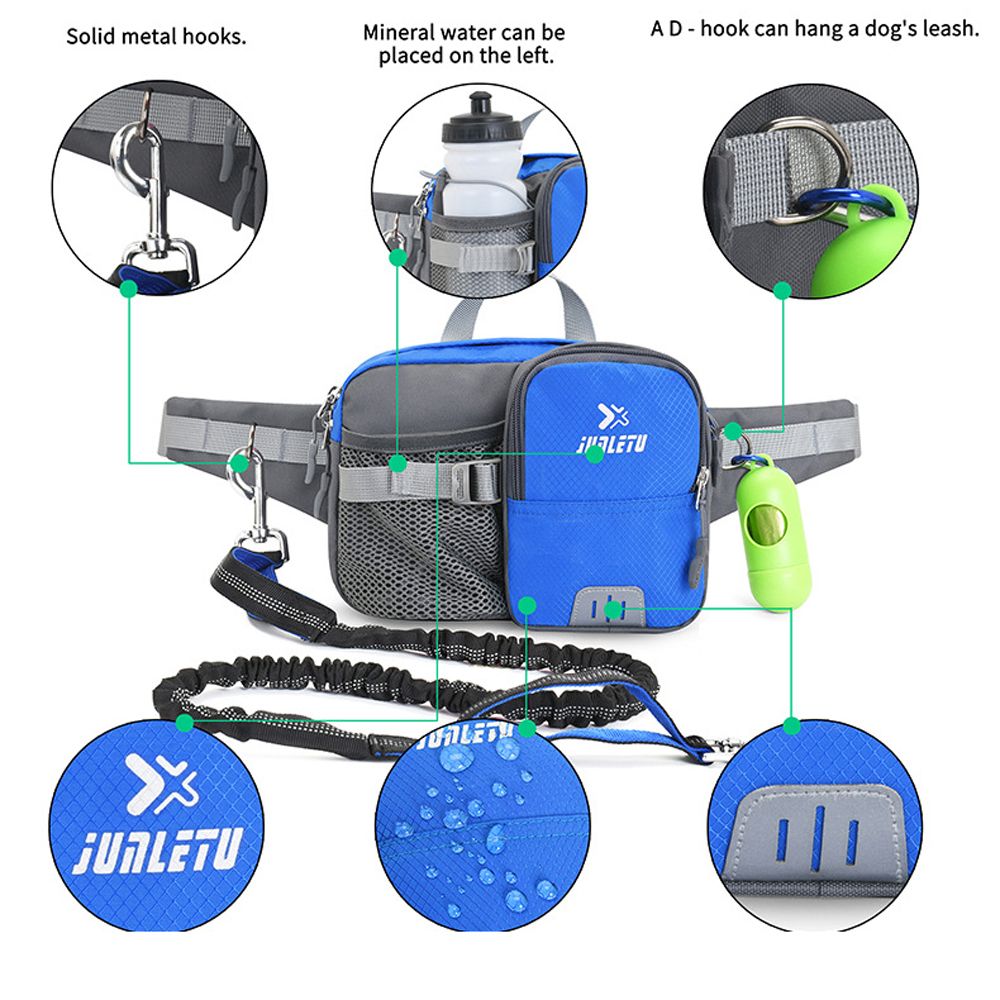 Dog Training Waist Bag Hands Free Dog Bungee Leash Set-Blue