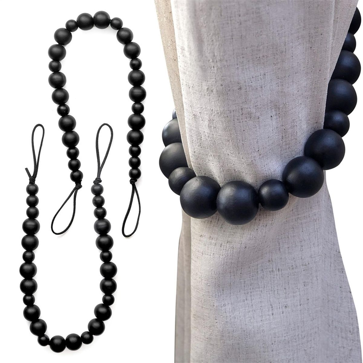 Boho Style Curtain Holderback Wooden Bead Curtain Tieback Black