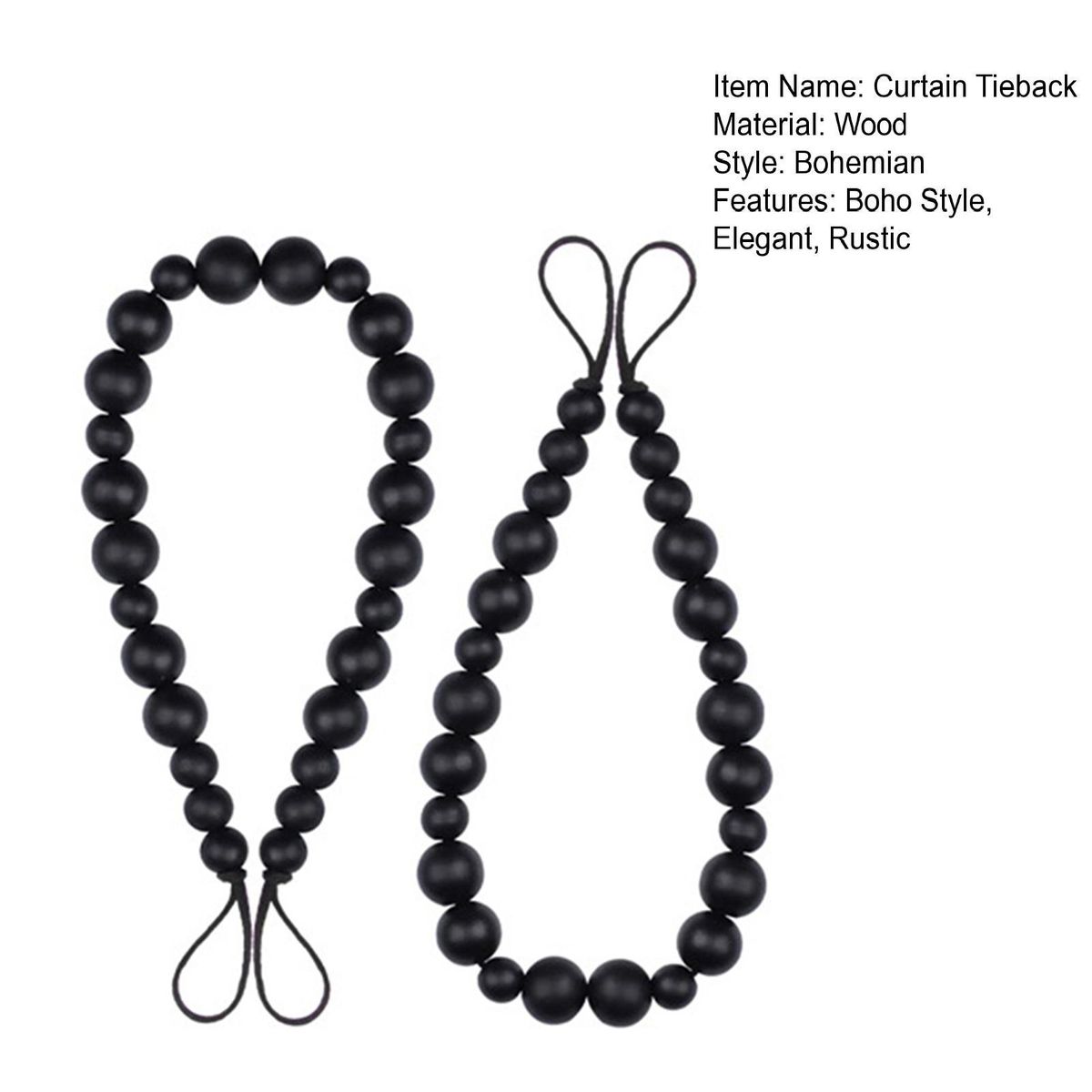 Boho Style Curtain Holderback Wooden Bead Curtain Tieback Black