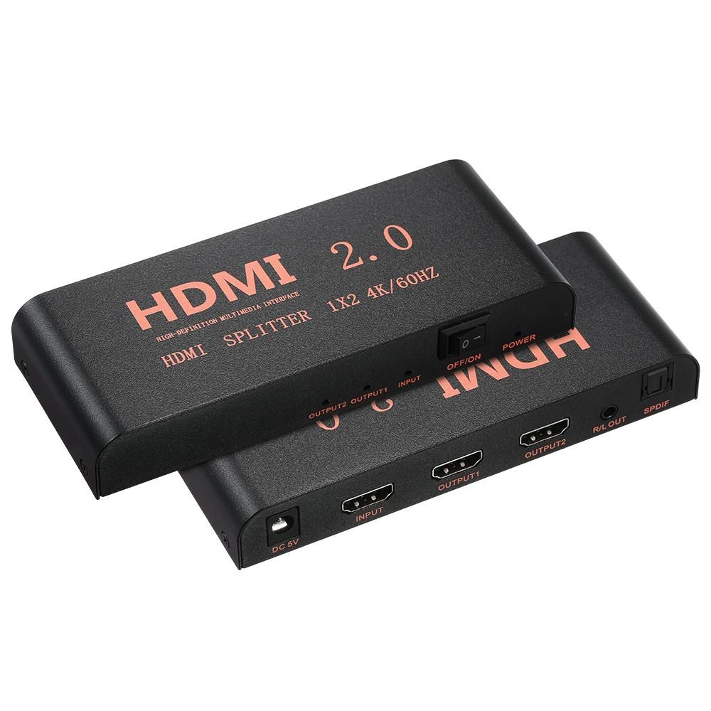 HD Splitter 1 in 2 out Up to 3840*2160 Resolution with Audio Optical Fiber Ports Compatible with PC TV Monitor Projector EU Plug