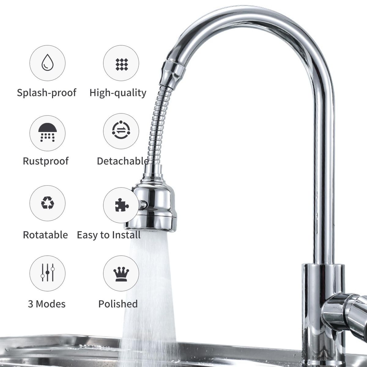 360° Rotatable Tap Head Faucet Extender Splash-Proof Pressurized Kitchen Tap Sprayer with 3 Modes Water Saving Black Copper Water Tap Head