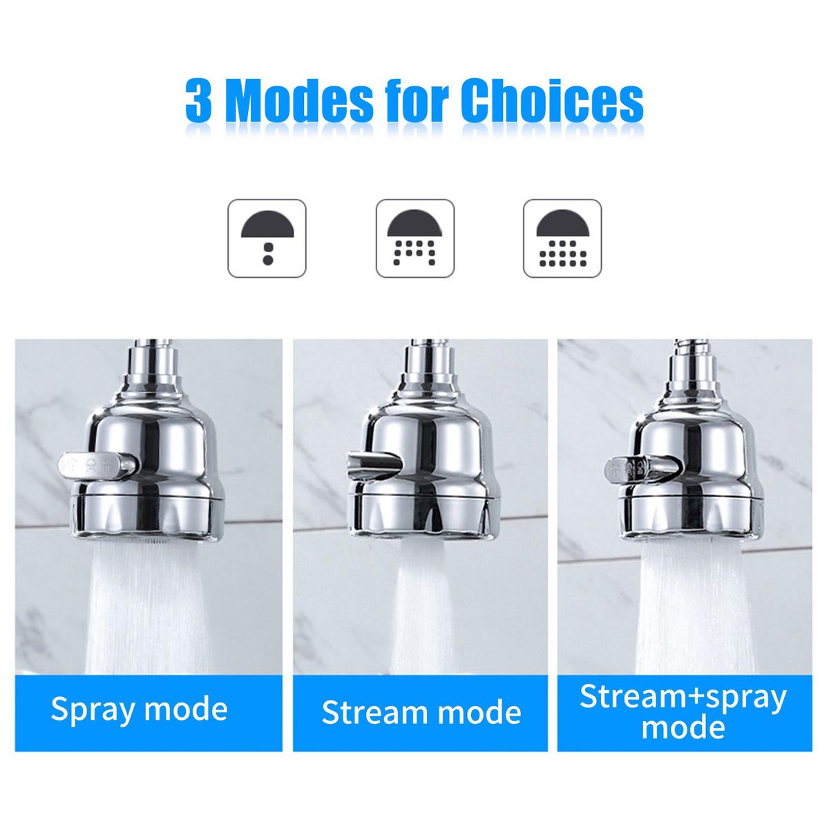 360° Rotatable Tap Head Faucet Extender Splash-Proof Pressurized Kitchen Tap Sprayer with 3 Modes Water Saving Black Copper Water Tap Head
