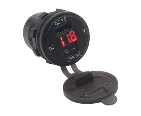 （red Light）18W Phone USB QC 3.0 Fast Charging Motor Power Adapter With Switch LED Voltmeter Voltage Display Vehicle DC12V-24V Waterproof
