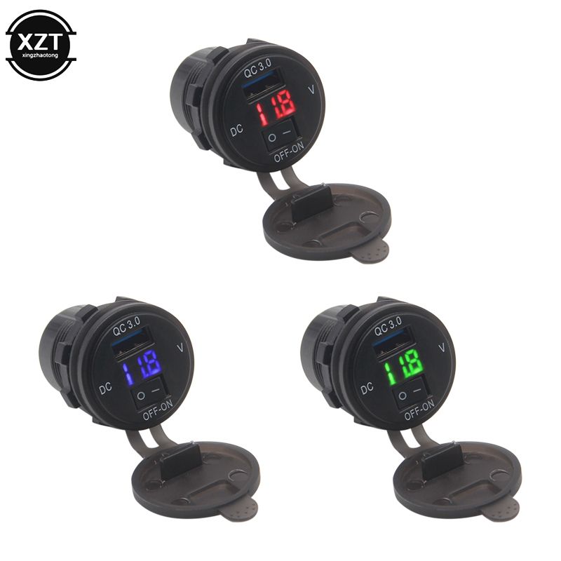 （red Light）18W Phone USB QC 3.0 Fast Charging Motor Power Adapter With Switch LED Voltmeter Voltage Display Vehicle DC12V-24V Waterproof