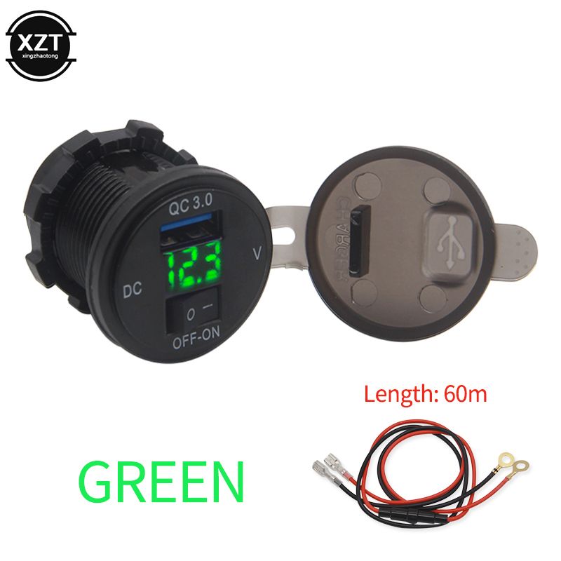 （red Light）18W Phone USB QC 3.0 Fast Charging Motor Power Adapter With Switch LED Voltmeter Voltage Display Vehicle DC12V-24V Waterproof