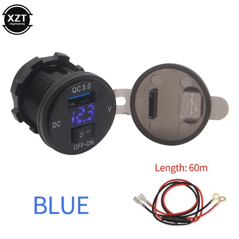 （red Light）18W Phone USB QC 3.0 Fast Charging Motor Power Adapter With Switch LED Voltmeter Voltage Display Vehicle DC12V-24V Waterproof