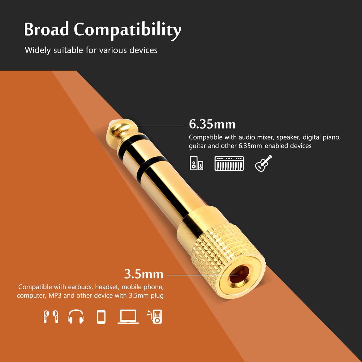10Pcs 6.35mm 1/4'' Male To 3.5mm 1/8'' Female Stereo