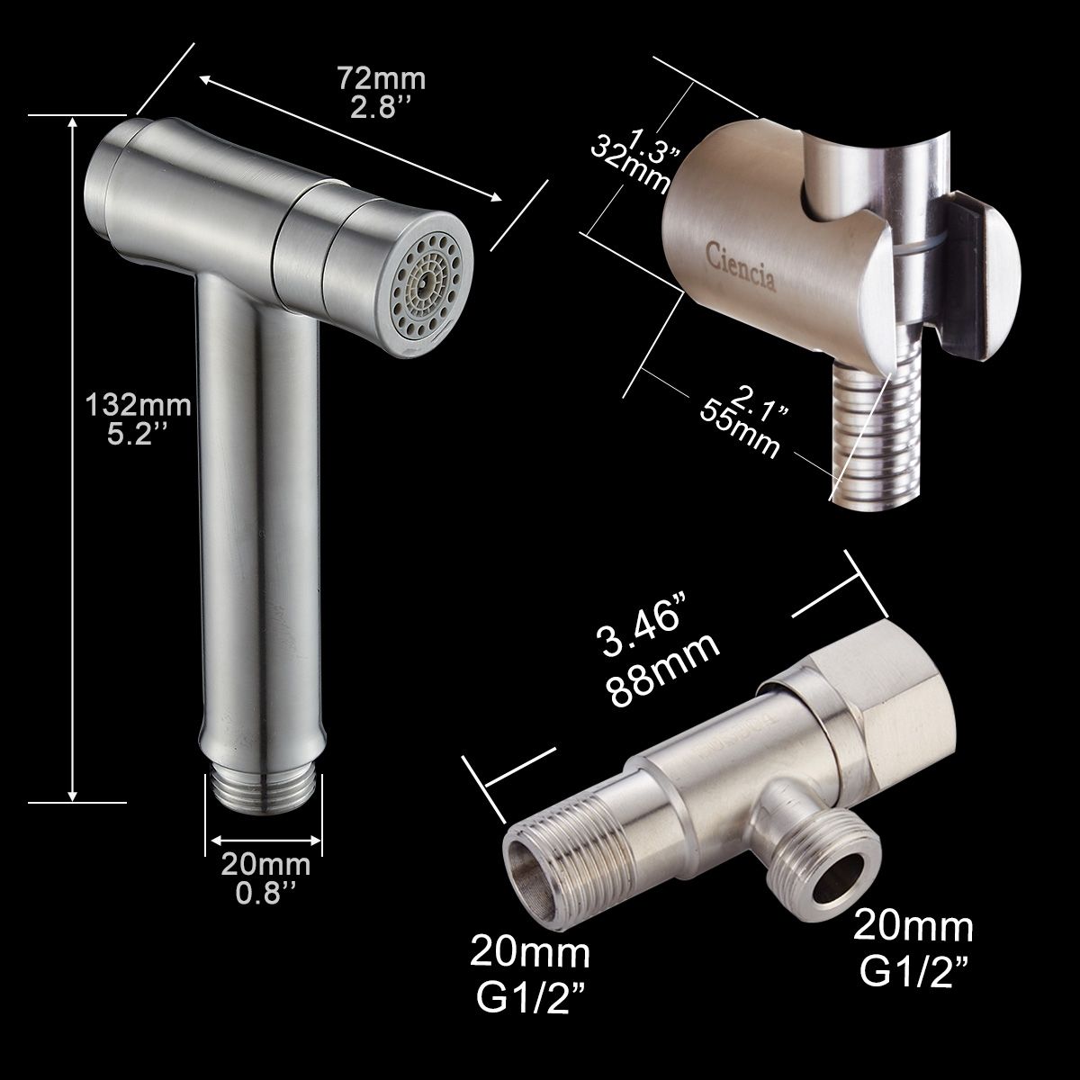 Bidet Toilet Sprayer Set Stainless Steel Handheld Bidet Sprayer Shattaf 2 Jets Mode Diaper Sprayer, Complete Bidet Set For Toilet, WS024BF6