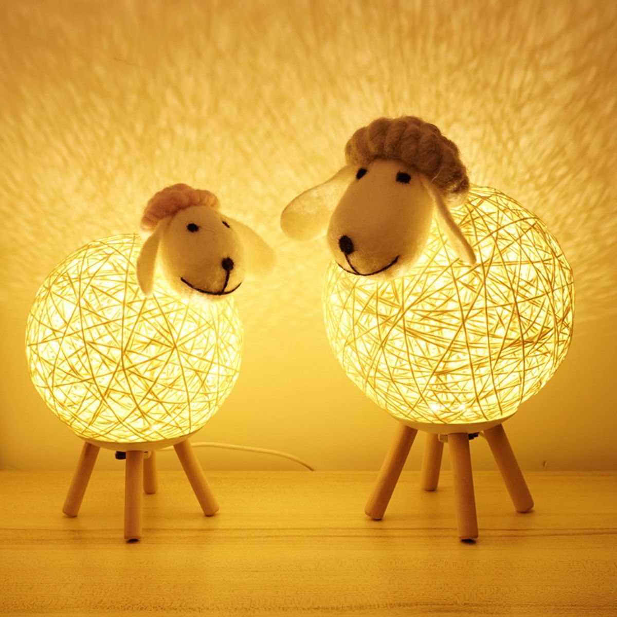 LEDs Night Light for Kids Cute Sheep Yarn-ball Design Hand-woven Lampshade Moon Lamp Nursery Lamp USB Baby Nightlight for Bedroom Home Indoor Decoration