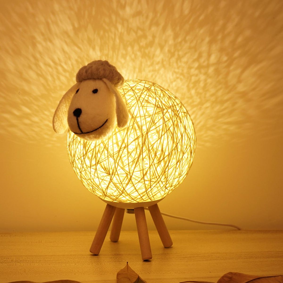 LEDs Night Light for Kids Cute Sheep Yarn-ball Design Hand-woven Lampshade Moon Lamp Nursery Lamp USB Baby Nightlight for Bedroom Home Indoor Decoration