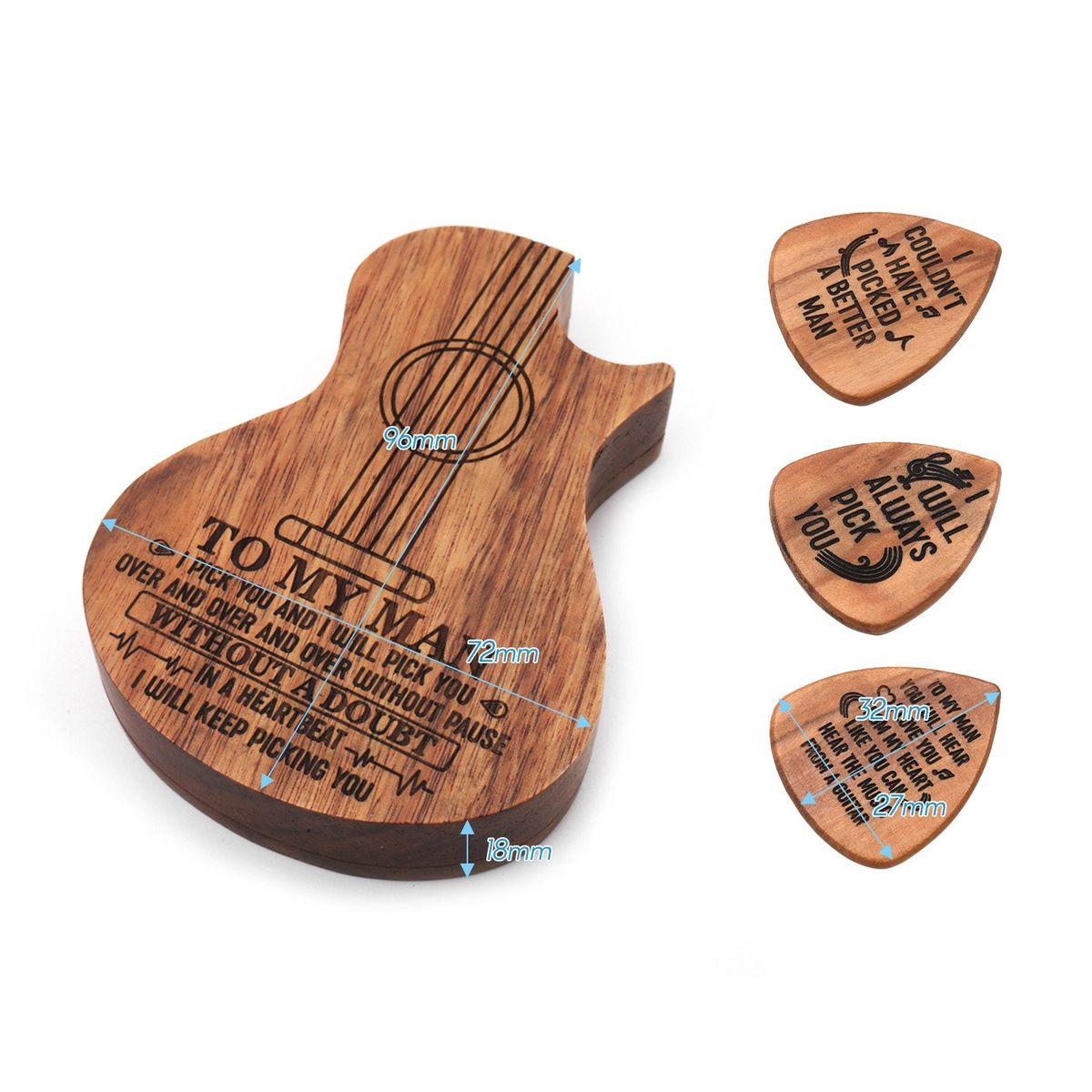 Wooden Guitar Pick Box Holder Guitar Shape 3 Compartments
