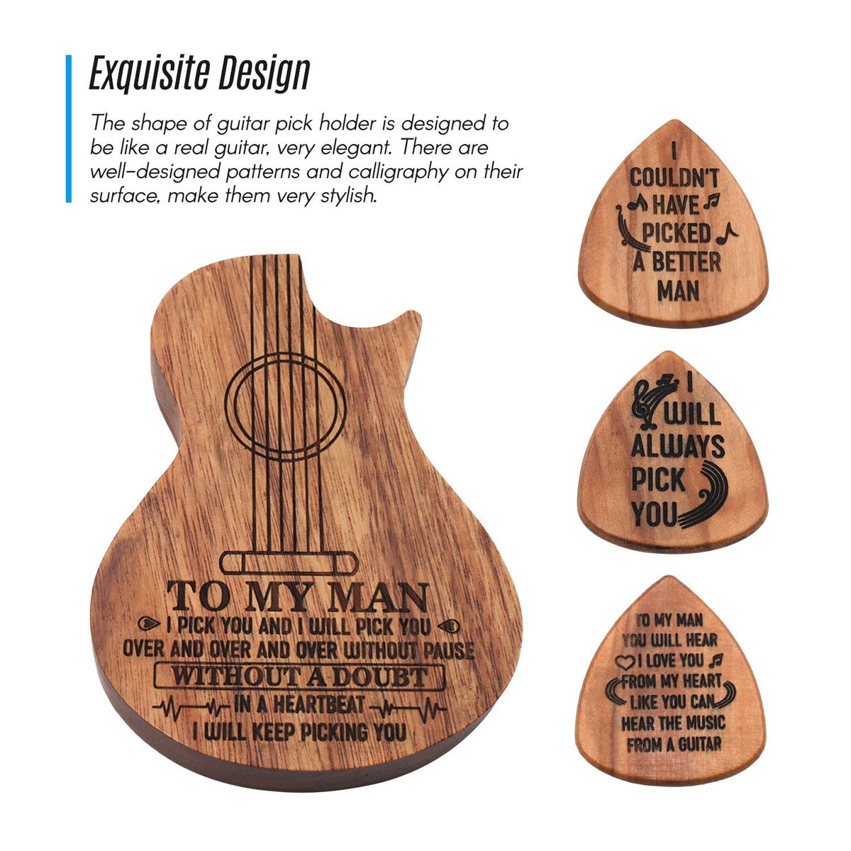 Wooden Guitar Pick Box Holder Guitar Shape 3 Compartments