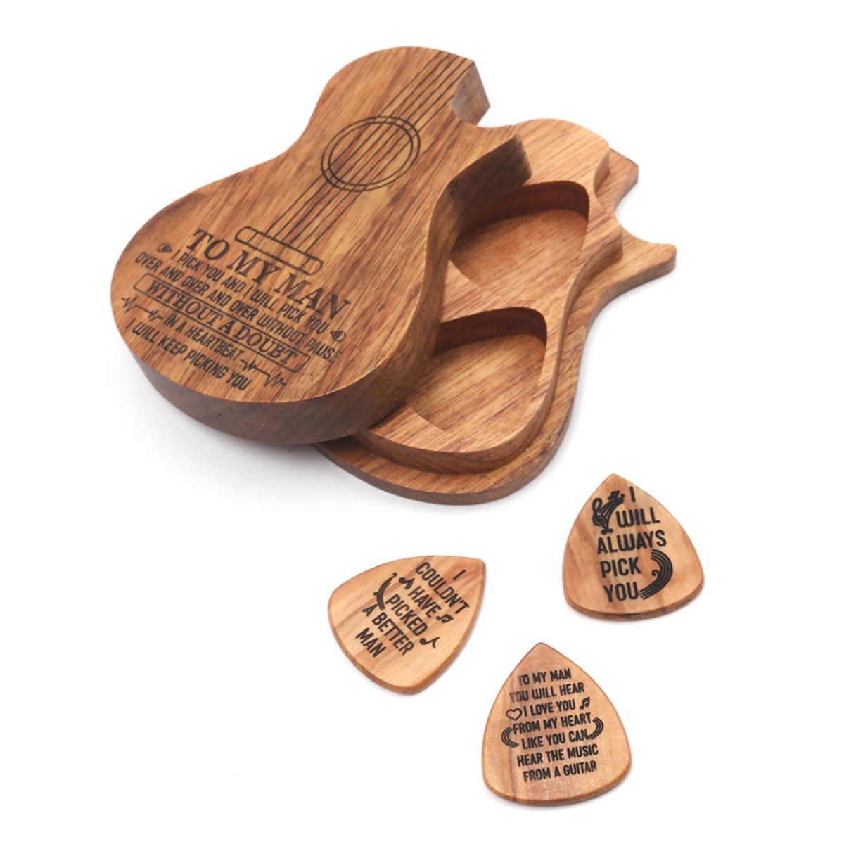 Wooden Guitar Pick Box Holder Guitar Shape 3 Compartments