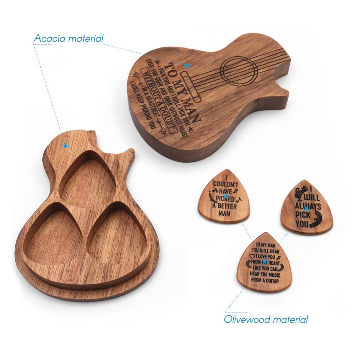 Wooden Guitar Pick Box Holder Guitar Shape 3 Compartments