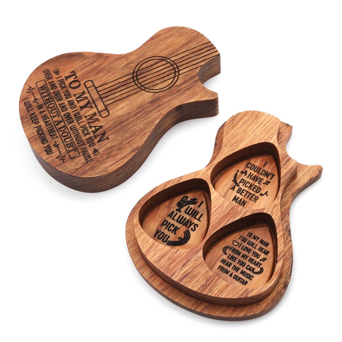 Wooden Guitar Pick Box Holder Guitar Shape 3 Compartments
