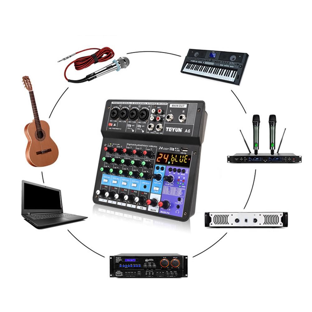 A6 6CH Protable Mini Mixer Audio Console with Sound Card USB Recording Singing Webcast Party Mixer