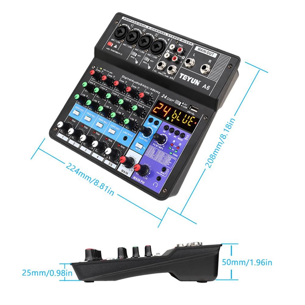 A6 6CH Protable Mini Mixer Audio Console with Sound Card USB Recording Singing Webcast Party Mixer