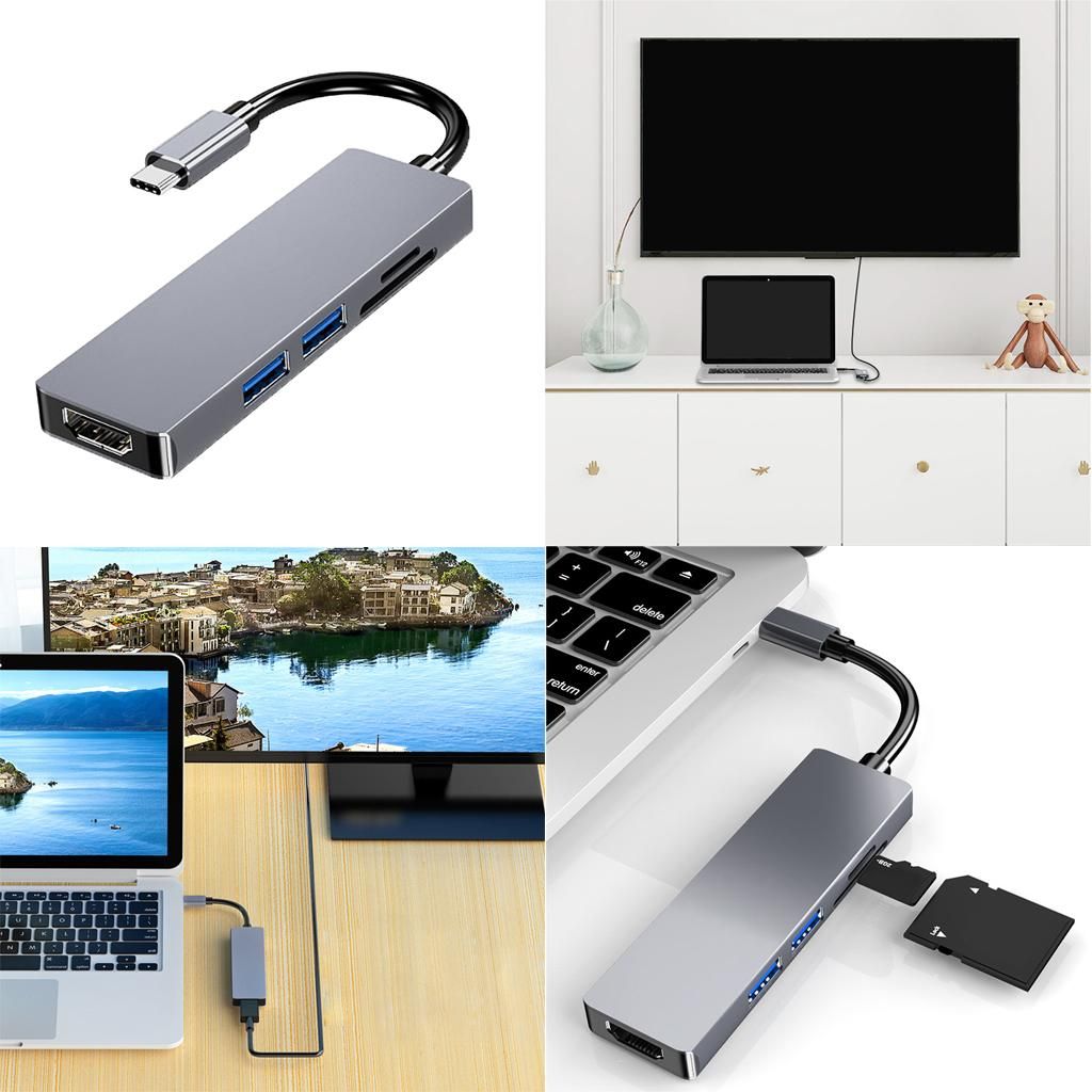 Grey Type C To HDMI 2x USB 3.0 TF SD Hub For Laptop Computers MacBook