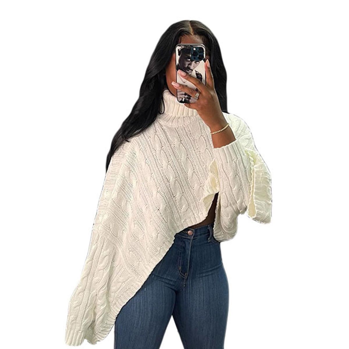 Women Sweater Shawl Loose Turtleneck Cropped Tops Female