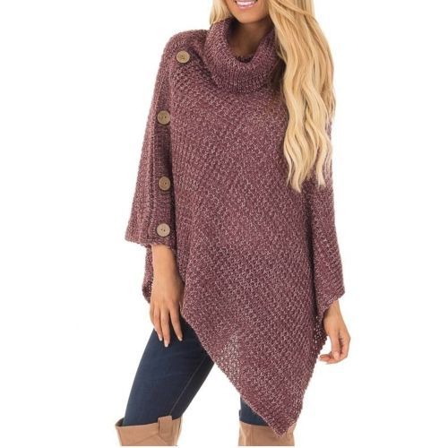 Sweater Women Autumn Winter Warm Outwear Loose Knit Turtle Neck Poncho Button Irregular Hem Pullover Sweater Casaco Feminino New(#Black)