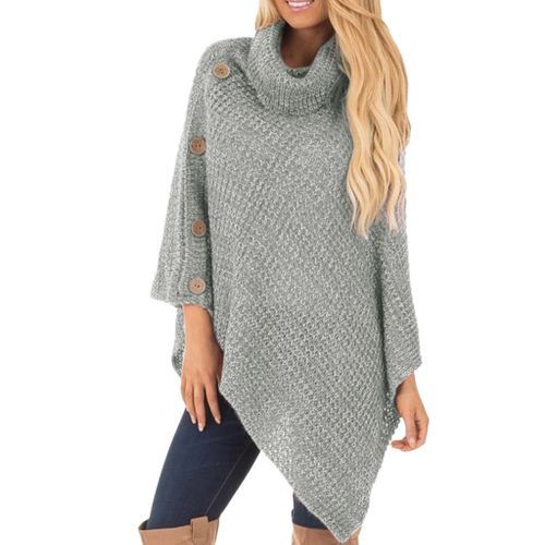 Sweater Women Autumn Winter Warm Outwear Loose Knit Turtle Neck Poncho Button Irregular Hem Pullover Sweater Casaco Feminino New(#Black)