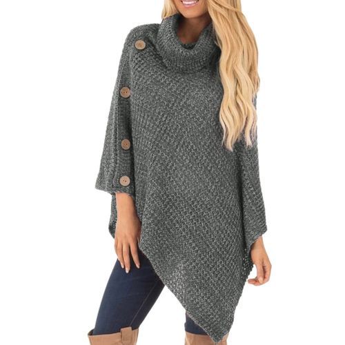 Sweater Women Autumn Winter Warm Outwear Loose Knit Turtle Neck Poncho Button Irregular Hem Pullover Sweater Casaco Feminino New(#Black)