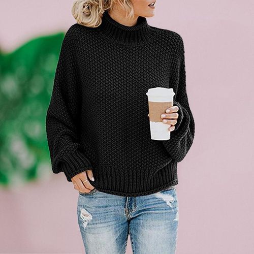 Tops Jumper Daily Winter Turtle Neck Oversized Women Sweater Solid Autumn Loose Knitted Pullover Casual Ladies Batwing Sleeve(#Black)