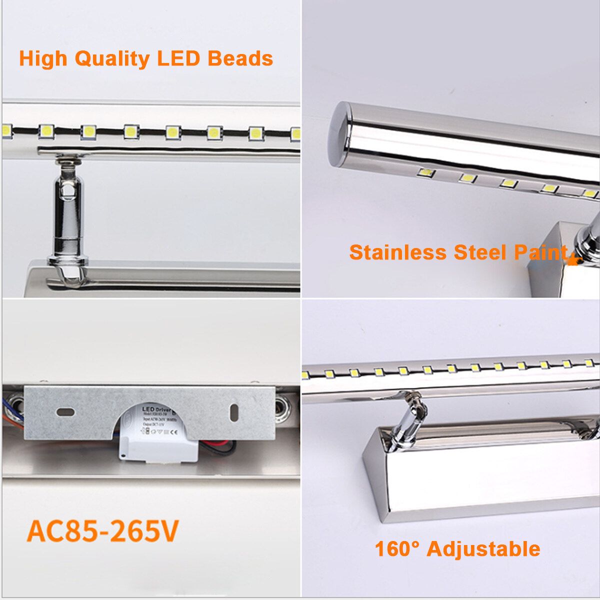 Silver Modern LED Light Mirror Wall Light Picture Display Lights Makeup Lighting Bathroom Front Lamp Warm Light