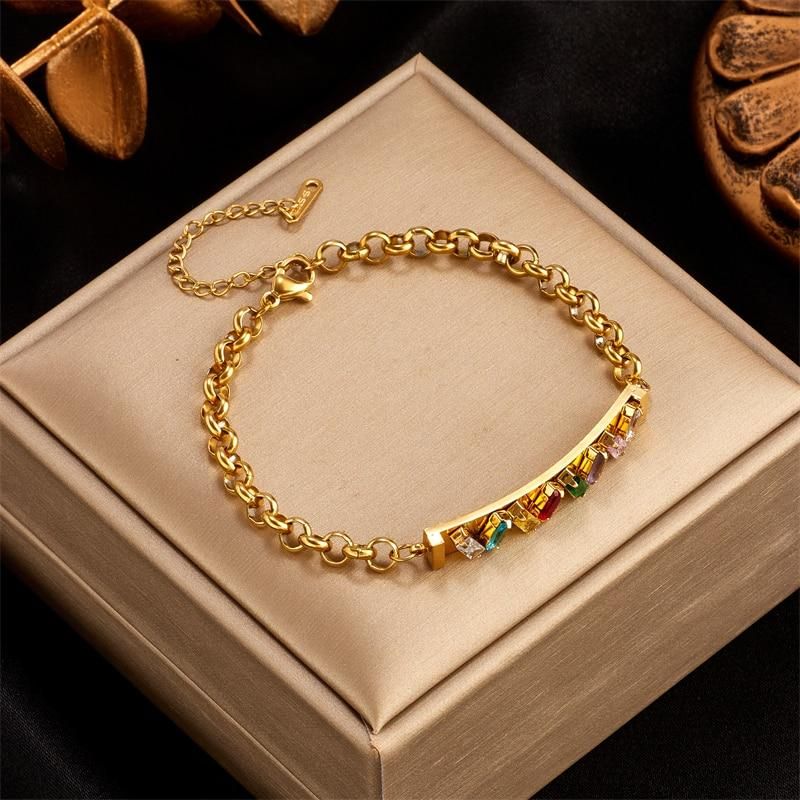 DIEYURO 316L Stainless Steel Colorful Square Zircon Charm Bracelet For Women Fashion Girls Wrist Jewelry Party Wedding Gifts